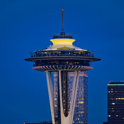 Space Needle roof painted as a giant soccer ball for FIFA World Cup 2026, by Long Painting Company